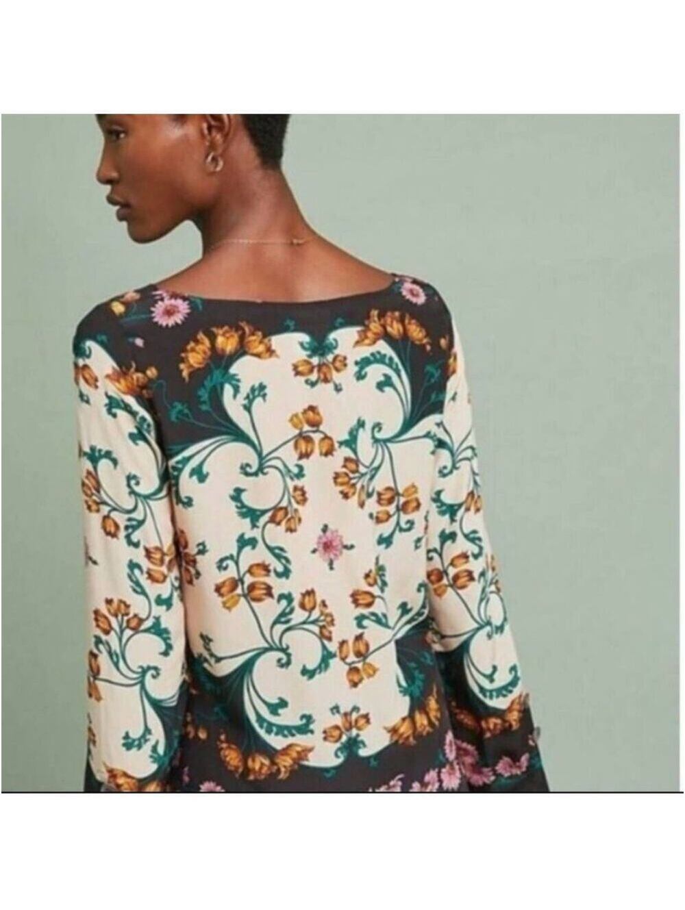 Maeve Women's Navy/Creme and Floral Pattern Long Sleeve Blouse Size 10 - Picture 3 of 7